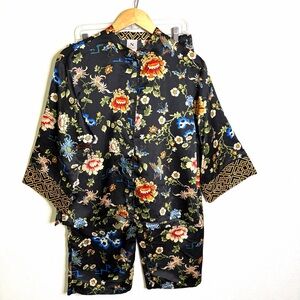 Natori satin Black Floral Women's Pajama Set Sz M top pants wide leg sleepwear